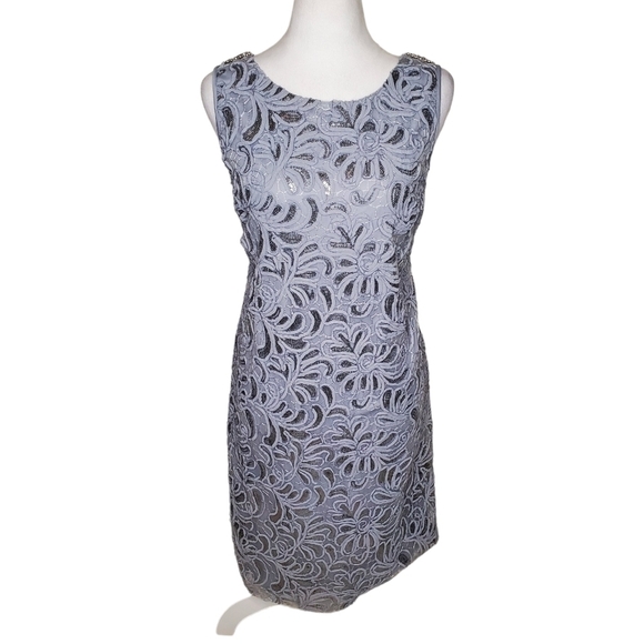 Ignite Evenings Grey Sequin Sheath Midi Dress, Floral Pattern Sleeves Sz 12 - Picture 1 of 13